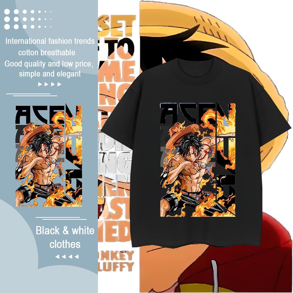ONE PIECE LUFFY ANIME ลูฟี่ การพิมพ์ หลวม ระบายอากาศได้ ขนาดพลัส คอกลม เสื้อเชิ้ตผ้าฝ้าย