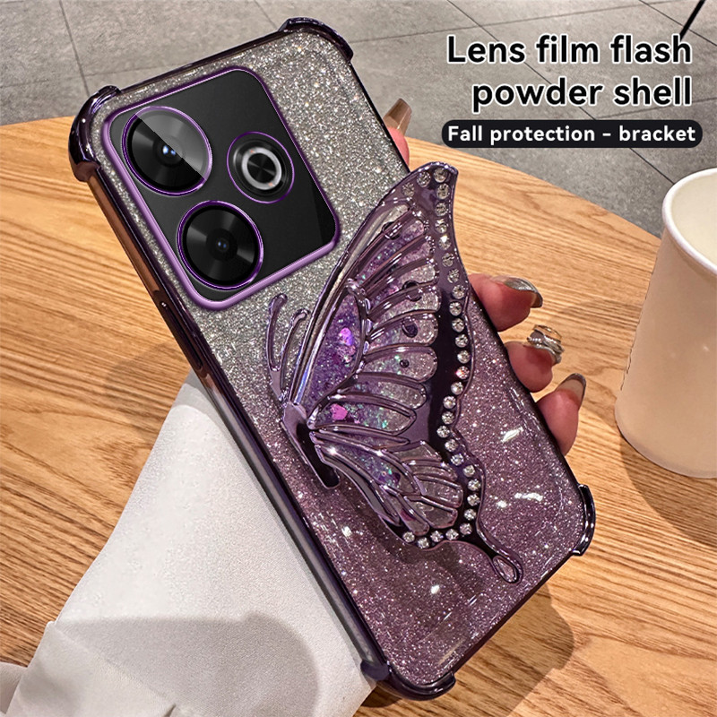 ปลอก Infinix Smart 8 Pro Plus Hot 40i Tecno Spark Go 2024 Spark 20 20C Pop 8 Itel P55 4G หรูหราสี่มุม Anti Fall ไหลทรายวงเล็บผีเสื้อประกายแป้งเคสโทรศัพท์