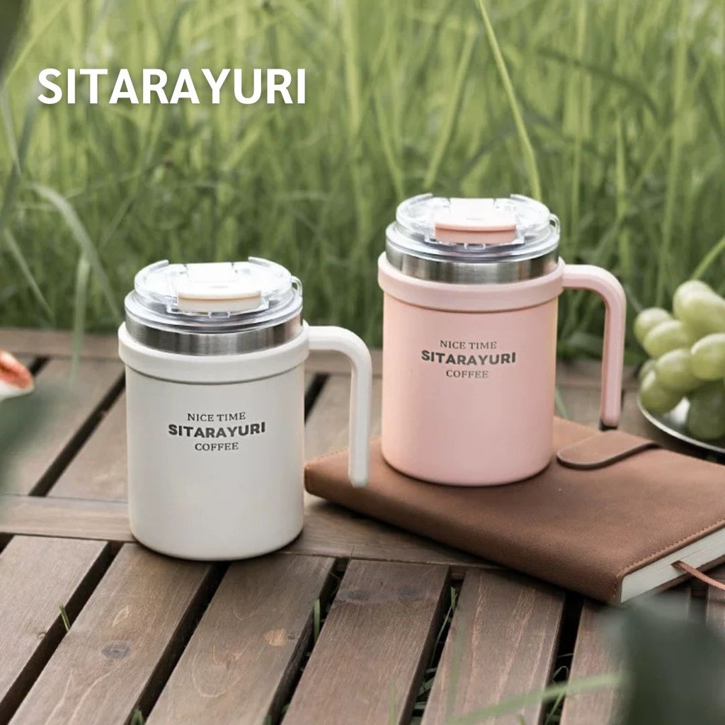 SITARAYURI แก้วน้ำเก็บอุณหภูมิ หูจับด้านข้าง เปิดดื่มได้ 2 ฝั่ง เก็บได้ทั้งร้อนและเย็น สแตนเลส 304 เกรดอาหาร ขนาด 500ml