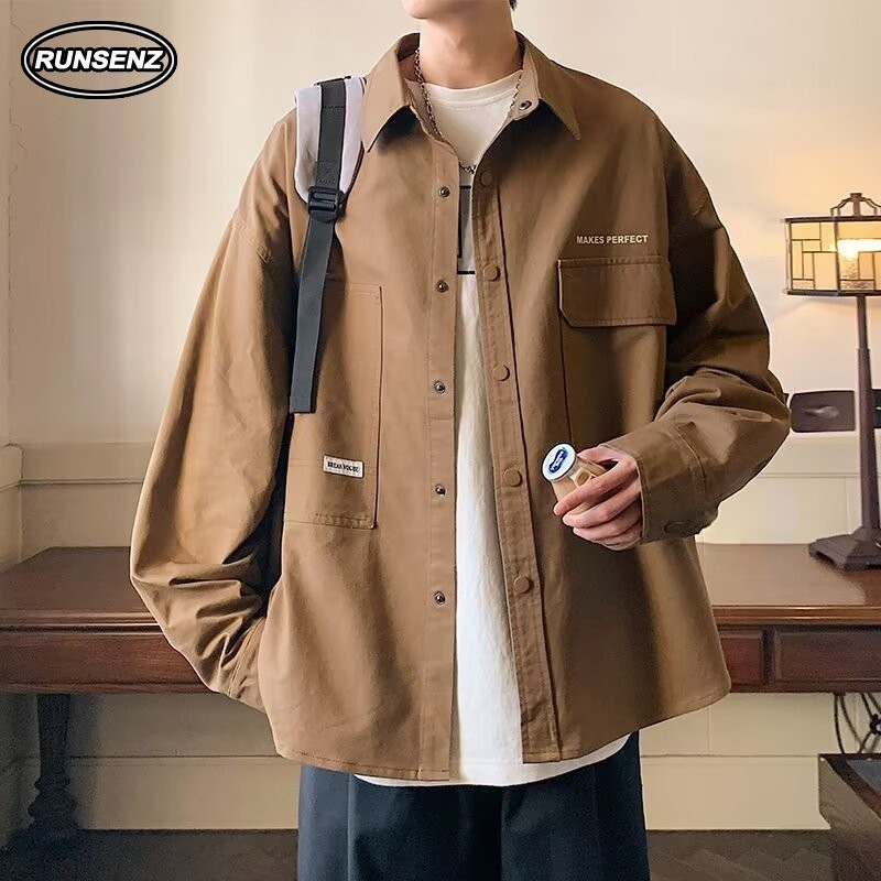 M-8xl เกาหลี Simple Cargo เสื้อผู้ชาย Plus ขนาดเสื้อแขนยาวลําลองหลวมสีดํา Oversize Top