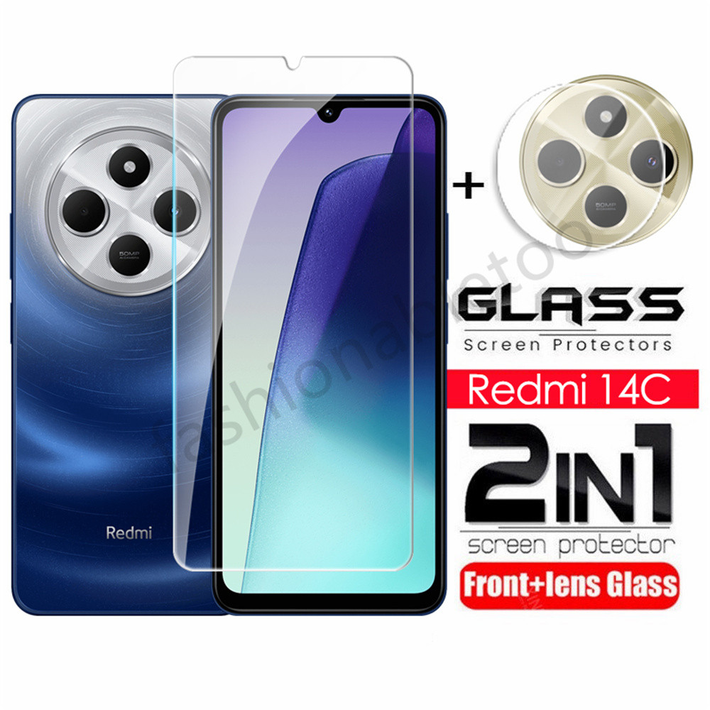 2 in 1 ป้องกันหน้าจอกระจกนิรภัยฟิล์มสําหรับRedmi 14C 13C 14 C 13 C Redmi14C Redmi13C 4G 5Gกล้องกลับเลนส์ป้องกันคลุมทั้งหมดฟิล์มด้านหน้า