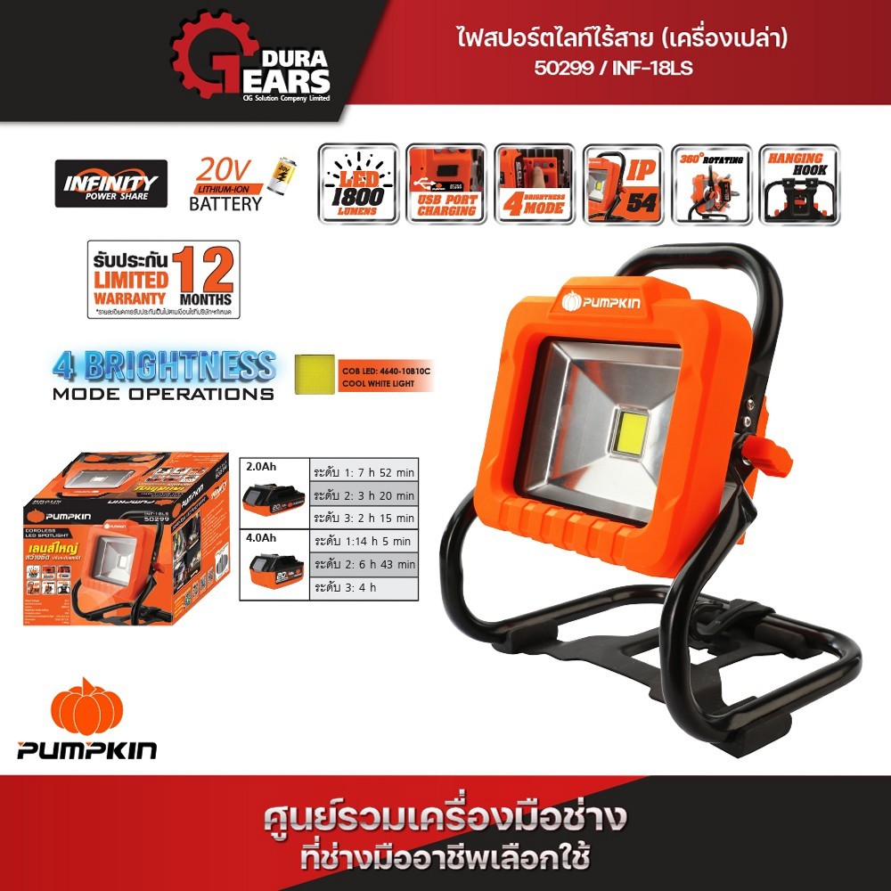 PUMPKIN INFINITY POWER 20V พัมคินไฟสปอร์ตไลท์ไร้สาย 20V สีไวท์ไลท์ รุ่น INF-18LS (50299)