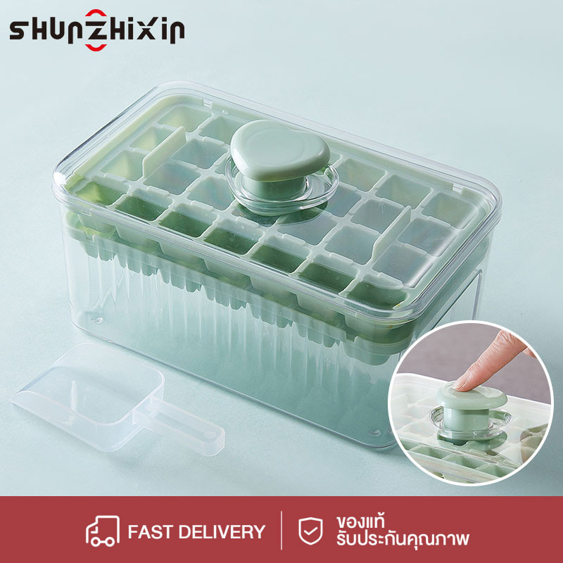 SZX ถาดน้ำแข็งก้อน 28/32ช่องพร้อมฝาและถังขยะสร้างสรรค์ถาดน้ำแข็งก้อนเพียงคลิกเดียวและกล่องเก็บของ