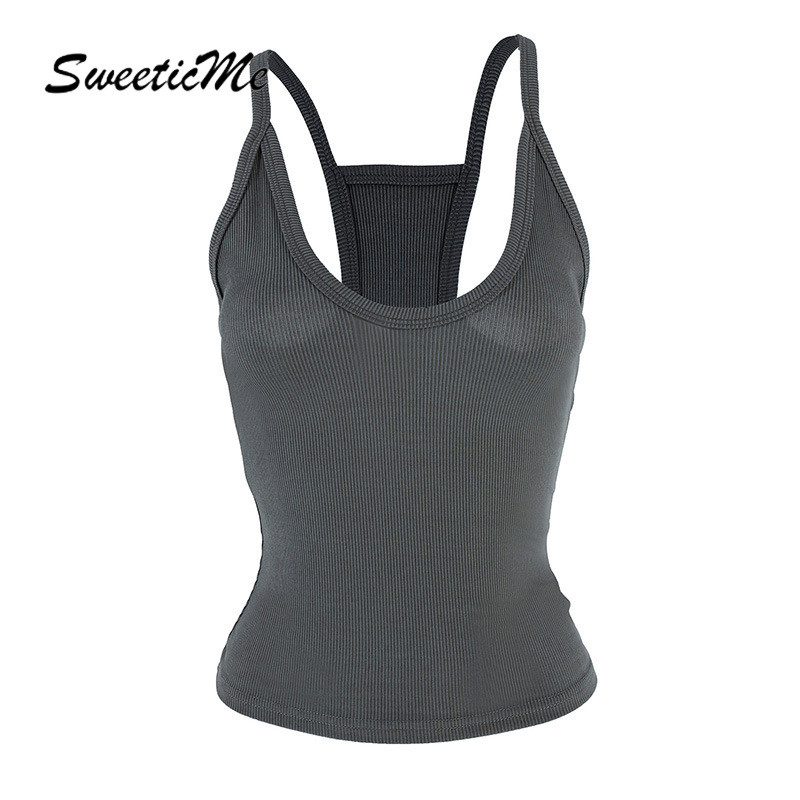 Sweeticme ผู้หญิง 2024 ใหม่แฟชั่นสีทึบ Slim Fit Basic Knit All Match เสื้อกล้าม Camisole