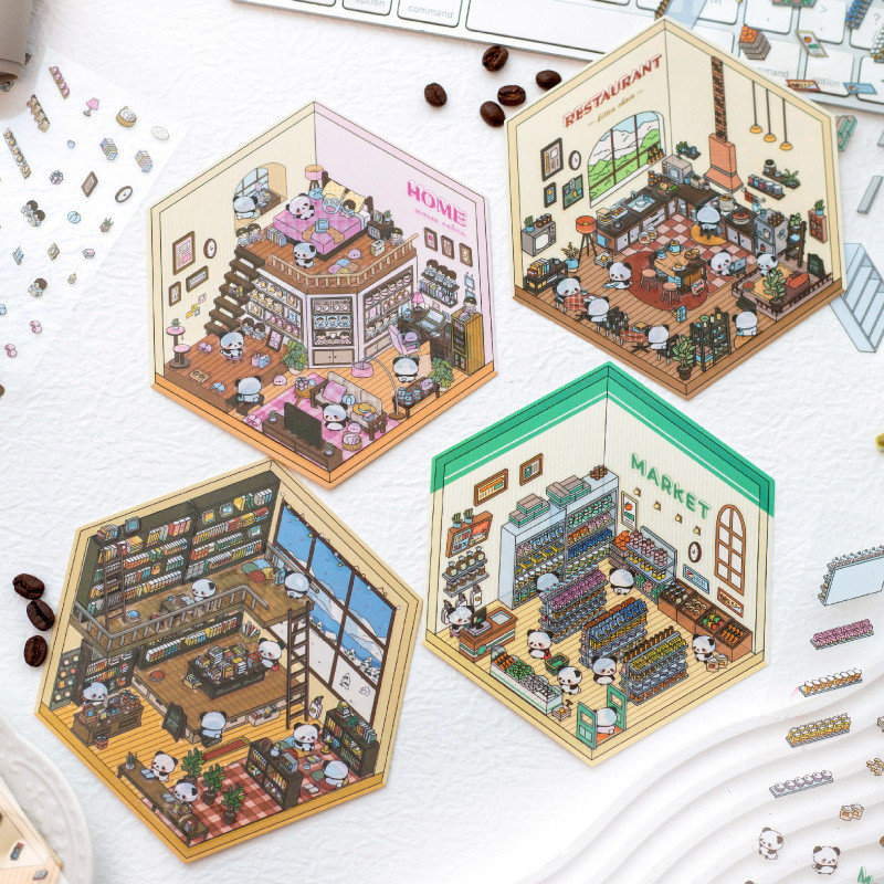 Kowei 3 ชิ้น [Panda Stereo House Series] 3D Journal สติกเกอร์สติกเกอร์กันน้ํากระดาษ Scrapbooking วัสดุสมุดภาพ
