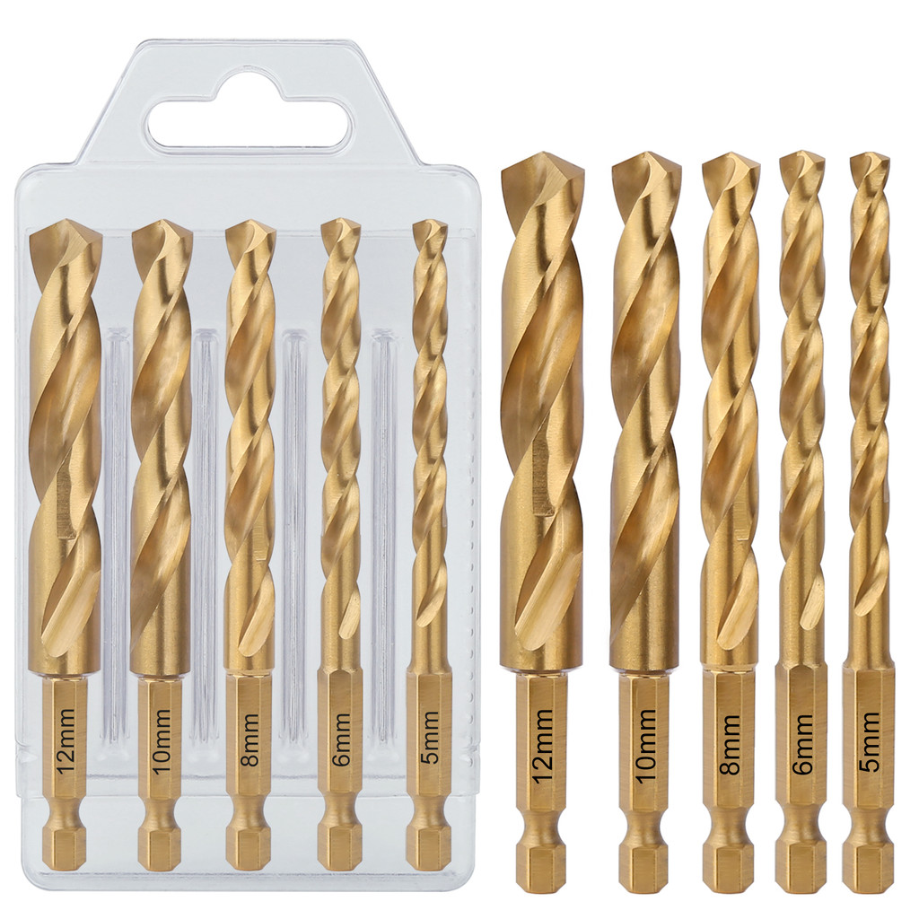5 ชิ้น/เซ็ต 5/6/8/10/12 มิลลิเมตร HSS M2 เมตริกไทเทเนียมเคลือบตรง Shank Twist เจาะบิต 100 มิลลิเมตร 6.35 มิลลิเมตร Hex Shank สําหรับไม้โลหะ