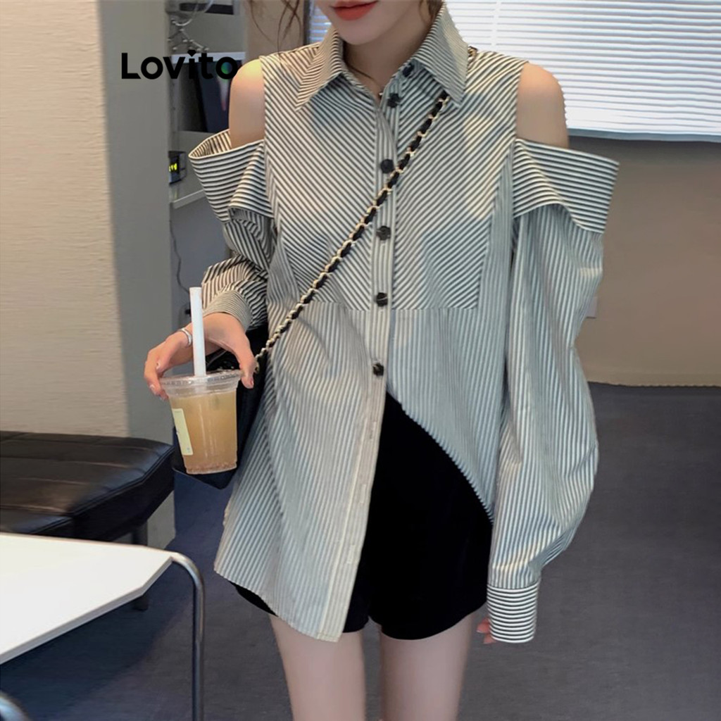 Lovito เสื้อเบลาส์ลายทางลำลองสำหรับผู้หญิง LNA77038