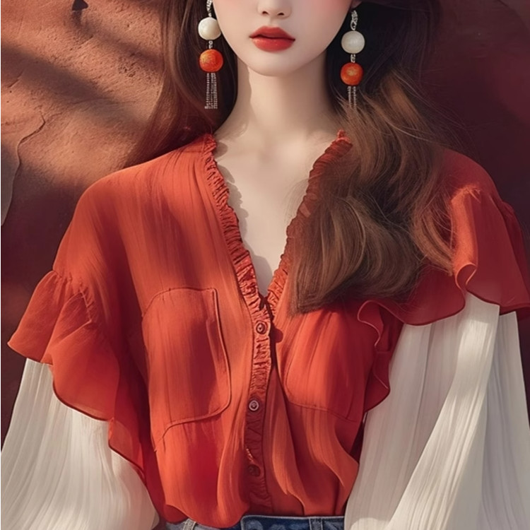 ใหม่สไตล์วิทยาลัยเกาหลีเก๋มีเอกลักษณ์สวยสีแดงผู้หญิงแขนพัฟลูกไม้ขึ้นเสื้อคอวี - รูปที่ 3