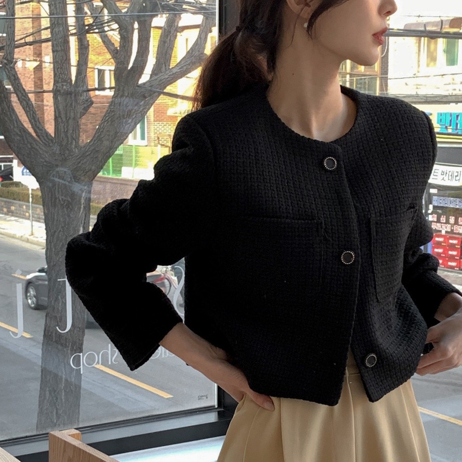 Suxi เกาหลี Chic Retro สามปุ่มกระเป๋า Blazers Tweed เสื้อแจ็คเก็ตสั้น 240920