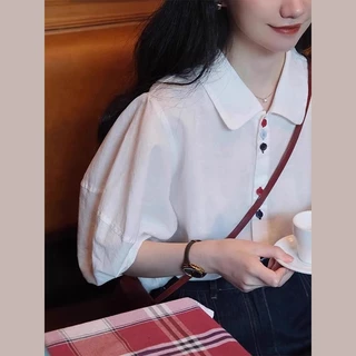 Dahong 💖 เสื้อเชิ้ตแขนสั้นพัฟสีขาวสำหรับผู้หญิง เสื้อเชิ้ตแขนสั้นสีขาวหวานแบบอเมริกันสำ เกาหลี W463