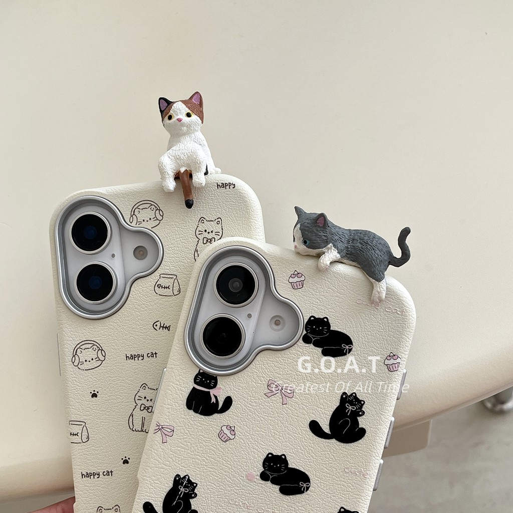 Goat ปลอกแมวการ์ตูนน่ารักเข้ากันได้สําหรับ iPhone 16 15 Pro Max 14 12 13 Pro Max ป้ายลายลิ้นจี่วัสดุ PU เบสบอลเครื่องประดับเคสโทรศัพท์