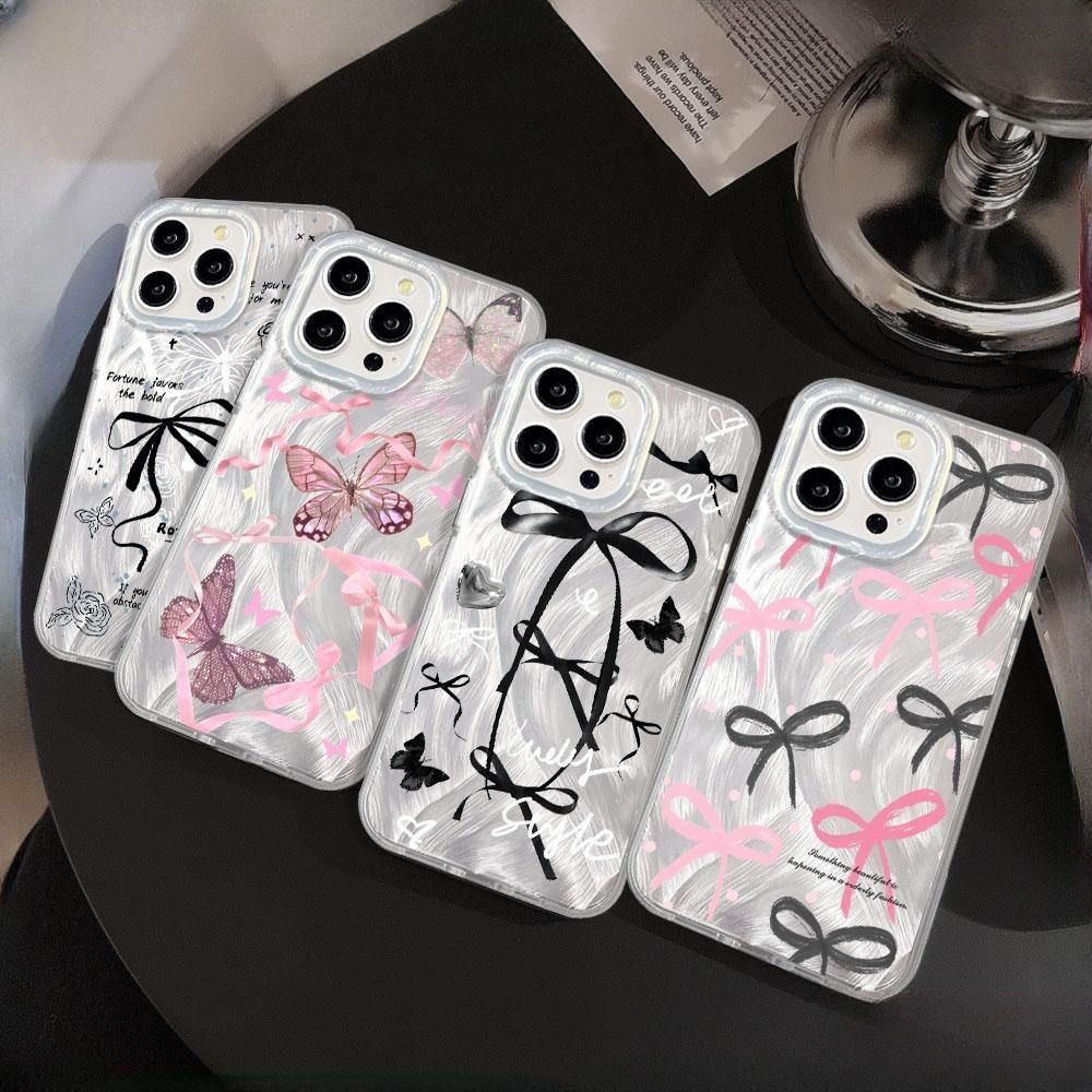 GOOD จากประเทศไทย เคส ไอโฟน เงิน กระแส อ่อนนุ่ม TPU สำหรับ iPhone 11 15 12 14 13 Pro Max 14/15PLUS กราฟฟิตี โบว์