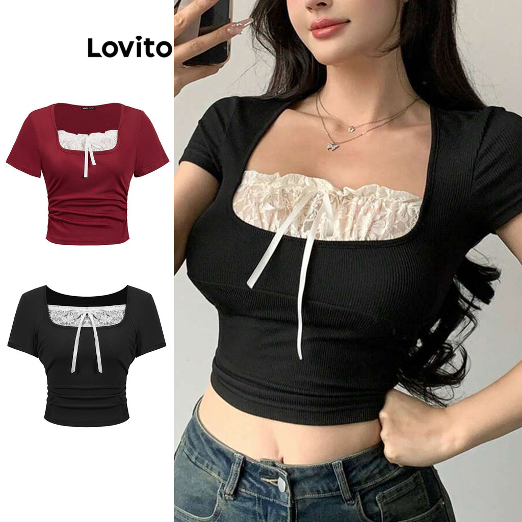 ซื้อ Lovito เสื้อยืดผู้หญิง ลูกไม้ แต่งโบว์ ผ้าเย็บต่อ สีพื้น สไตล์น่ารัก L90AD007(หลากสี)