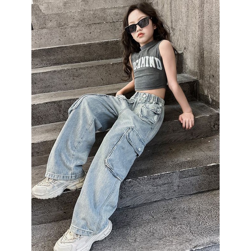 สาวกางเกงยีนส์กระเป๋าใหญ่ฤดูใบไม้ผลิฤดูใบไม้ร่วงเสื้อผ้าสไตล์ใหม่สาวหลวมหลวมเด็กแฟชั่นทุกการแข่งขันอินเทรนด์ - รูปที่ 4
