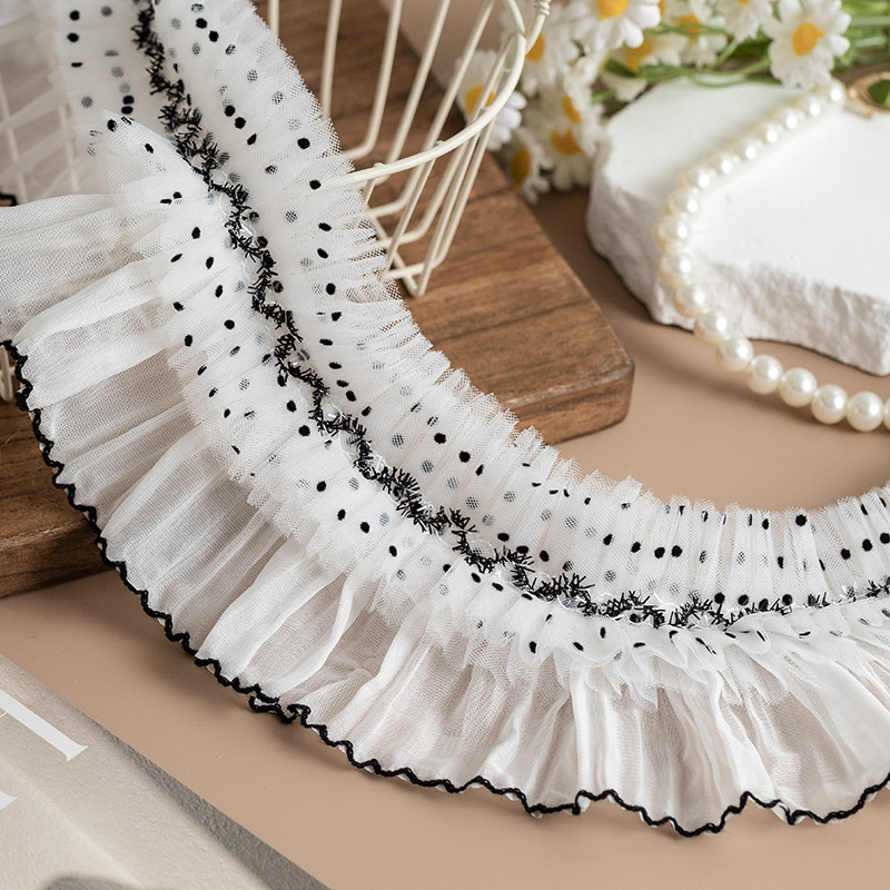 จับจีบผ้าลูกไม้ผ้ากว้าง9ซม. สีดำและสีขาวลายจุดลูกไม้อุปกรณ์ทำด้วยมือวัสดุ DIY เสื้อผ้ากระโปรงตกแต่ง