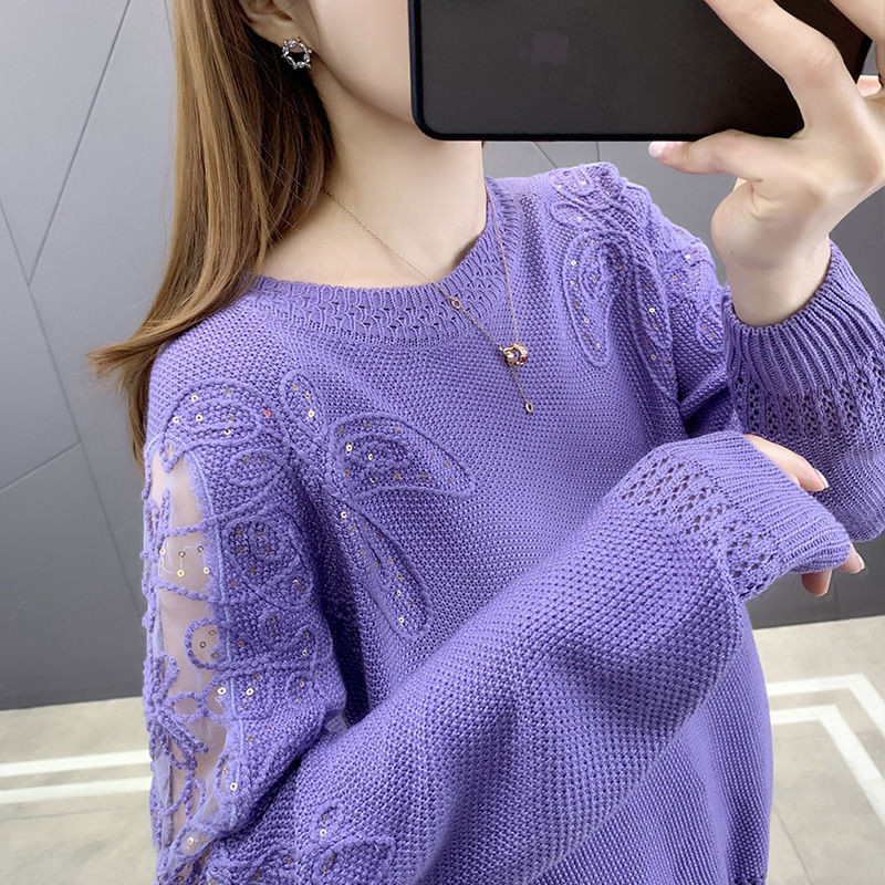 ผู้หญิงกลวงถักเสื้อกันหนาวคอกลมแขนยาวเกาหลีหลวมเสื้อกันหนาว