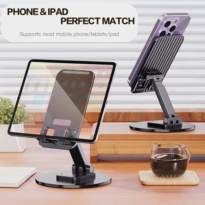 พับได้แบบพกพา 360ขาตั้งโทรศัพท์แท็บเล็ตแบบปรับได้ที่วางโทรศัพท์ขาตั้งมือถือโลหะแข็งแรง สําหรับคอมพิวเตอร์ แท็บเล็ต