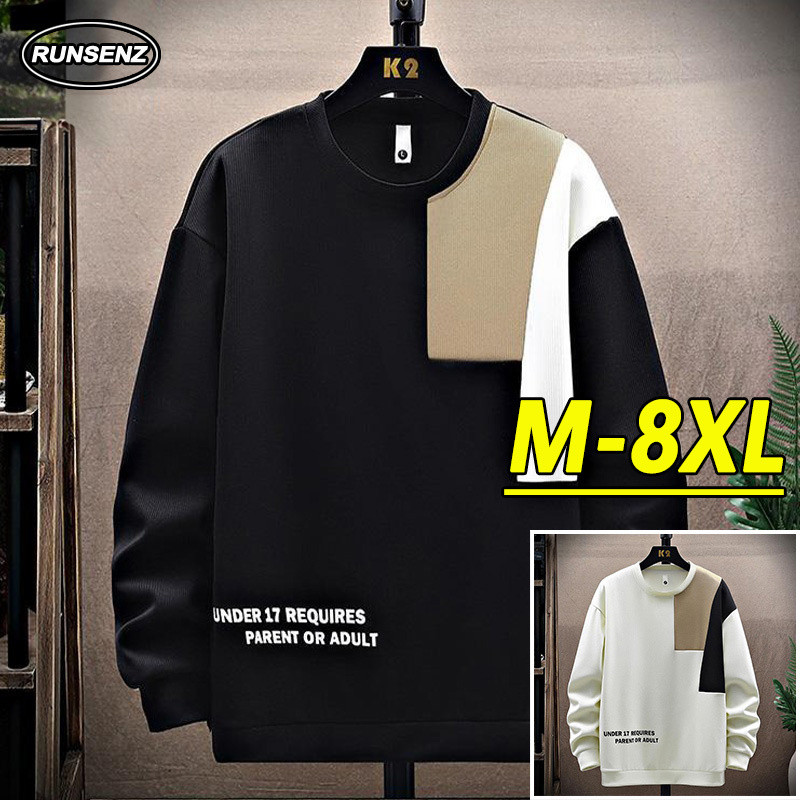 M-8xl แฟชั่นเกาหลีสีบล็อกเสื้อกันหนาวผู้ชายขนาดบวกด้านบนสบายๆหลวมเสื้อยืดแขนยาว