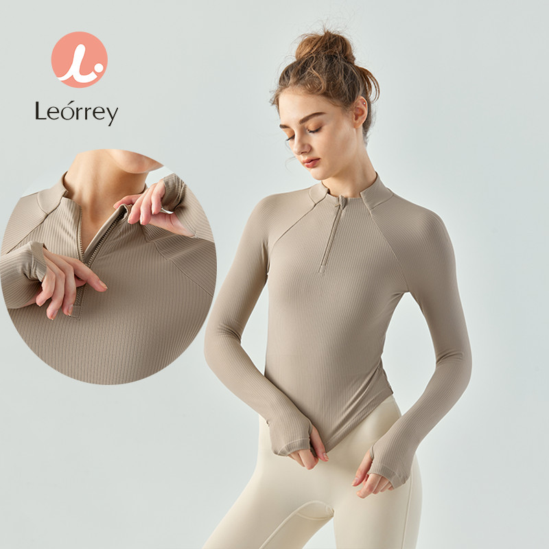 Leorrey-เสื้อผ้าโยคะแขนยาวบางกีฬาท็อปส์ยืนขึ้นปกครึ่งซิประบายอากาศ