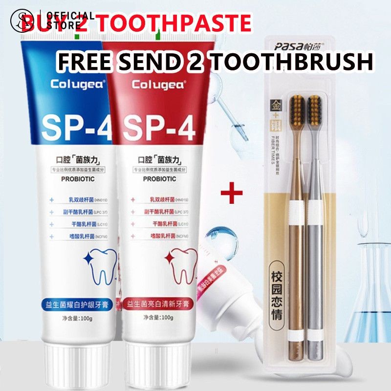 ยาสีฟันโปรไบโอติกไบรท์เทนนิ่ง 2 ชิ้น SP-4 (ส่งแปรงสีฟัน 2 ชิ้น) Gingival Protection ขจัดคราบฟันยาสีฟัน