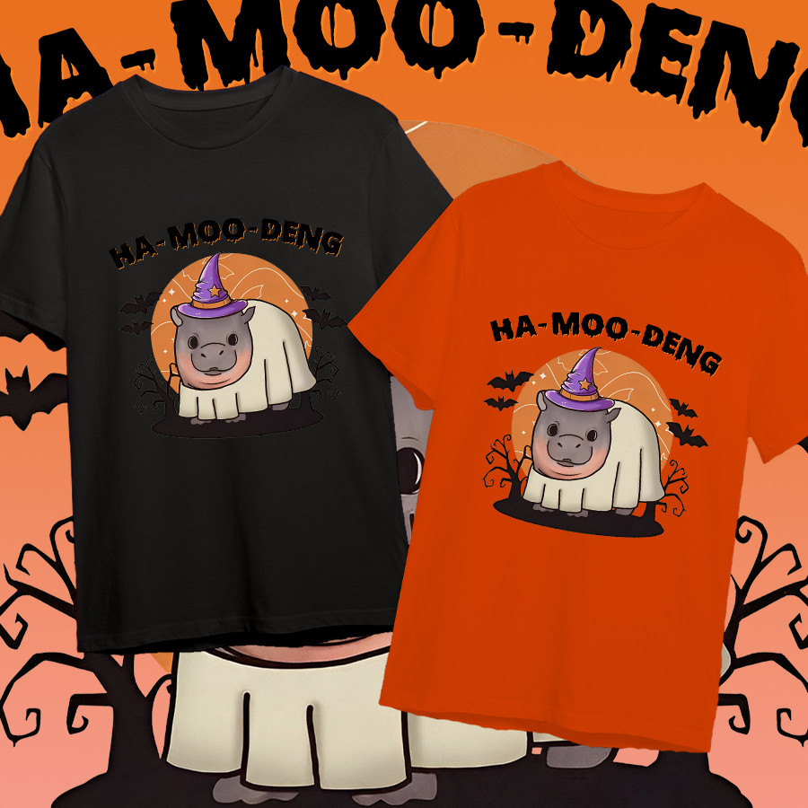😺   ใหม่ เสื้อ MOO-DENG Moodeng hippo หมูเด้ง&Halloween T-shirt ชุดฮาโลวีน ผ้าฝ้ายแท้ 100% ราคาถูก แ
