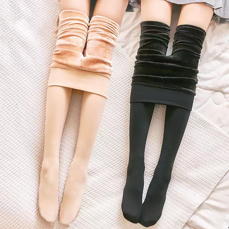 ถุงน่องลําลอง ผ้ากํามะหยี่ แบบยืดหยุ่น สีดํา แฟชั่นฤดูหนาว ถุงน่องบุขน