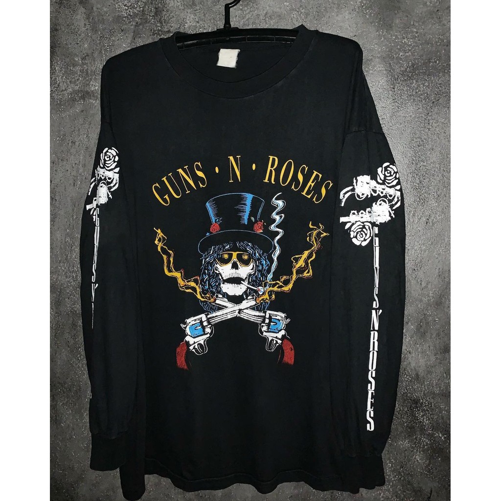 Guns N Roses Gun และ Rose Gun Flower vintage High Weight American Retro High Street เสื้อยืดแขนยาว