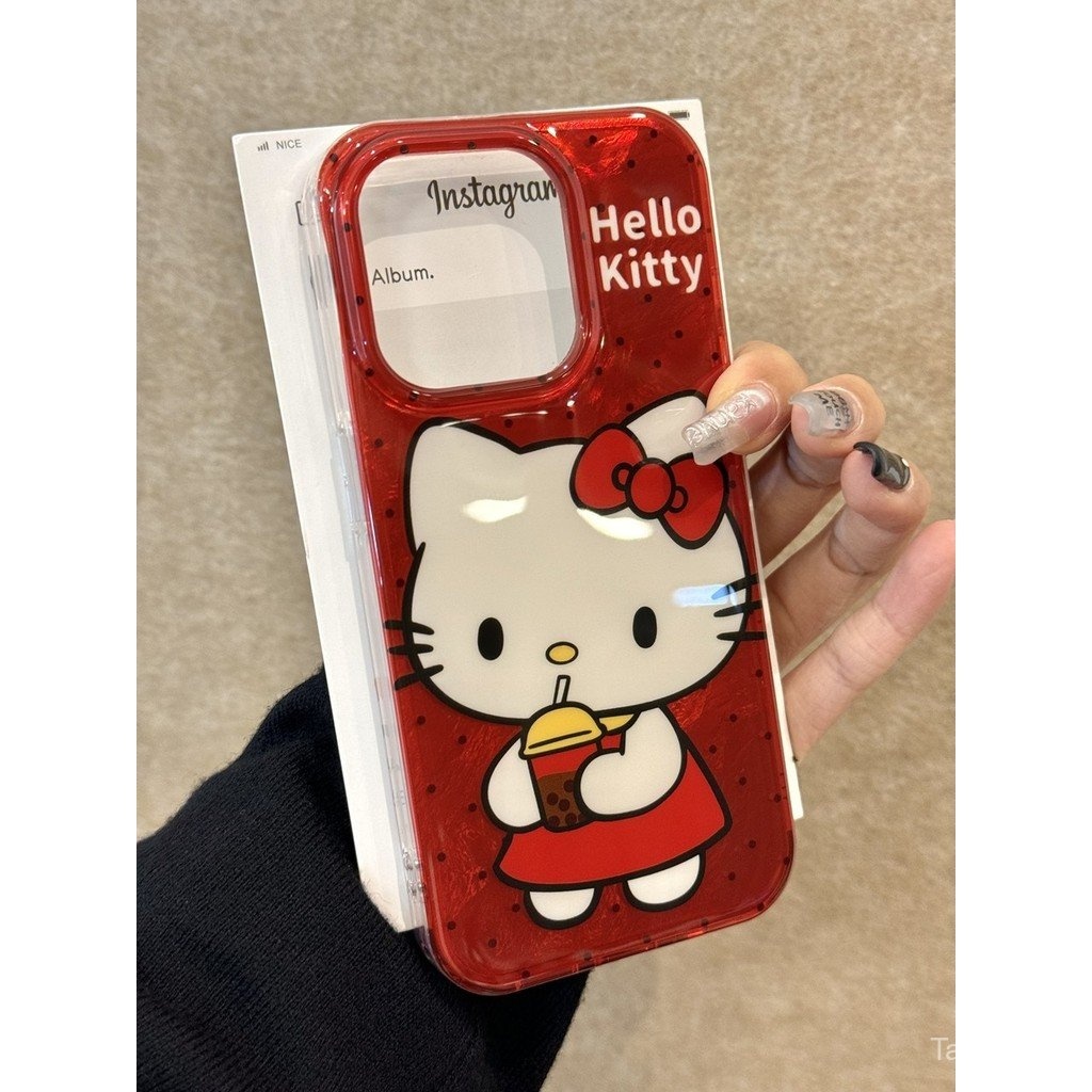 เคสมือถือสำหรับ iPhone 7 8 x XS XR xsmax 11 12 13 14 15 16 Pro Max PLUS สำหรับดื่มชานม Hello Kitty เคสนิ่มกันกระแทกกันกระแทกเคส lf6j