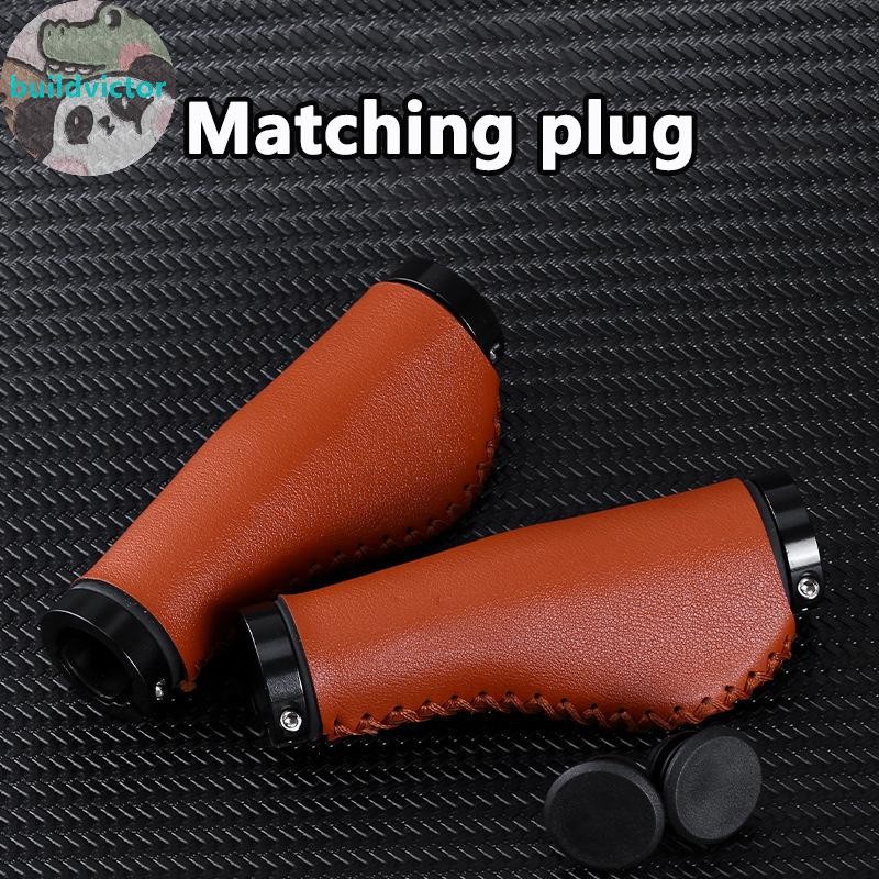 Buildvictor ปลอกแฮนด์จักรยานหนังวินเทจ - จักรยานเสือภูเขาหนัง PU Lock-On Grips, Hand-Stitched Anti-Slip Handle Cover TH