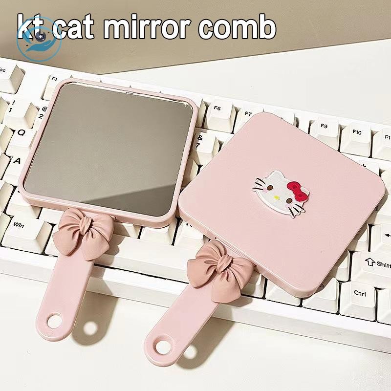 Smwedigold แบบพกพา Sanrio Bow น่ารัก Hello Kitty สีชมพูกระจกหวีมือถือกระจกหวีสกัดแบบบูรณาการแปรงผมนวดเครื่องมือจัดแต่งทรงผม TH