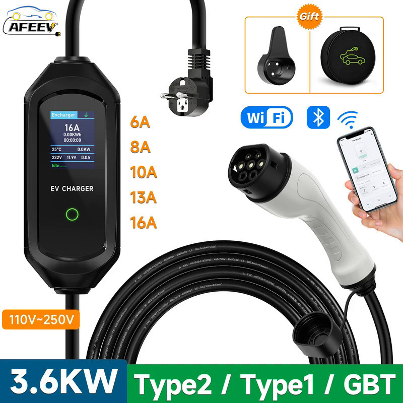 AFEEV 3.6KW 16A Portable EV Charger Type2 IEC62196-2 EVSE Fast Charging Cable Type1 SAE J1772 Electr