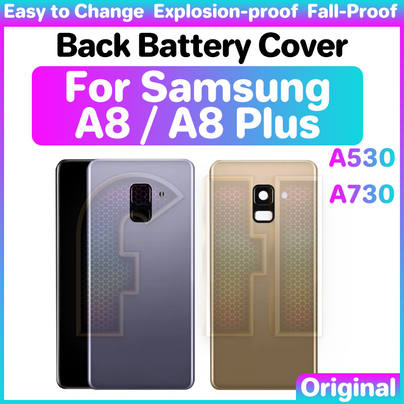ฝาหลังแบตเตอรี่กระจกสําหรับ samsung a8 plus a8 + 2018 A530 A730 กระจกด้านหลังแบตเตอรี่ฝาหลังกรณีเลนส์กล้องกระจก