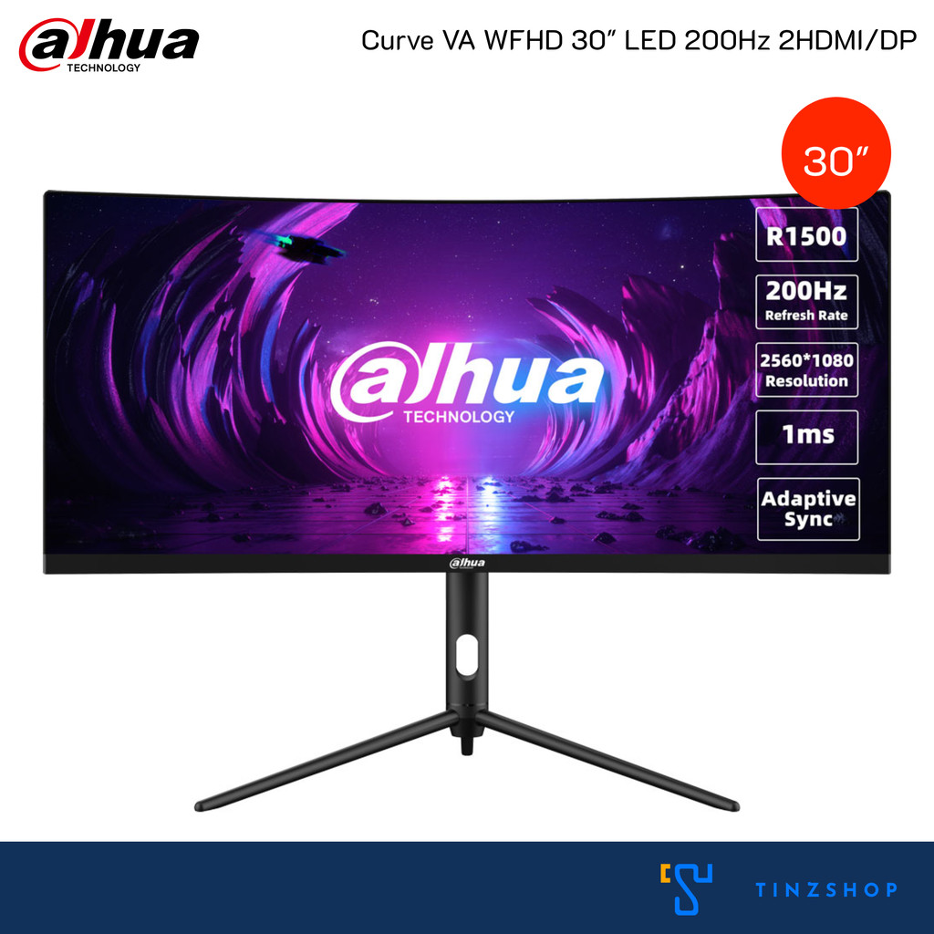 Tinzshop Gaming Monitor 30" จอโค้งสำหรับเกมเมอร์ Dahua LM30-E330CA VA Curved 2560×1440 180Hz DP×2, HDMI×2 ประกัน 3 ปี