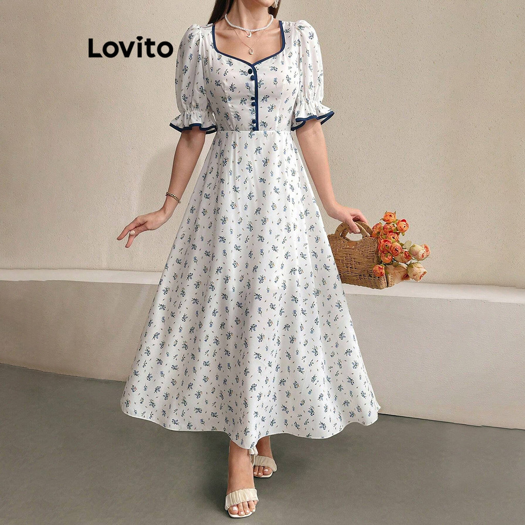 Lovito ชุดเดรสกระดุมผูกคอนทราสต์ลายดอกไม้ ดิทซี่ แบบสบาย ๆ สำหรับผู้หญิง L95ED916