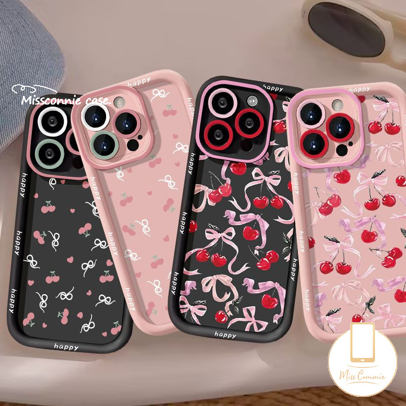 คู่การ์ตูนเชอร์รี่สด Love Heart สีขาว Bowknot สําหรับ IPhone 16 13 11 15 12 14 Pro Max 7Plus XR X XS Max 16 6s 8 6 7 15 Plus SE 2020 Angel Eyes Cover
