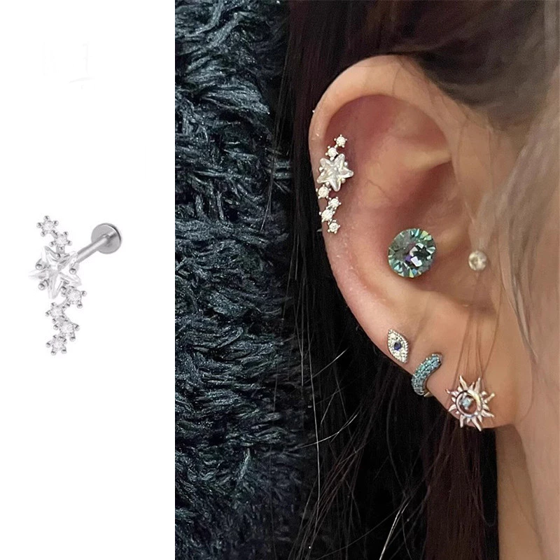 Roselife 1PC S925 เงิน Shining คริสตัล Star สกรูต่างหูผู้หญิงหญิง Hypoallergenic หูกระดูกหู Studs เครื่องประดับ