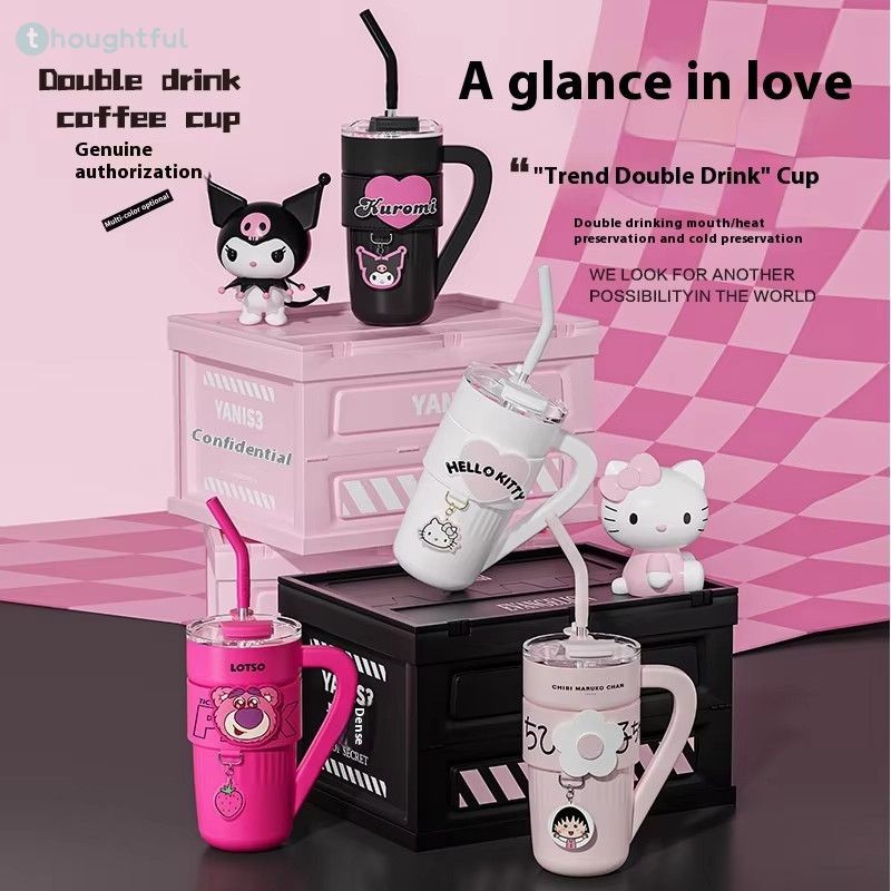 1200 มล. Sanrio Kuromi Hello Kitty พกพาความจุขนาดใหญ่ เครื่องดื่มสองแก้ว การ์ตูน กระติกน้ำร้อน น้ำเย็น แก้วน้ำแบบมีหลอดดูด ของขวัญ TH