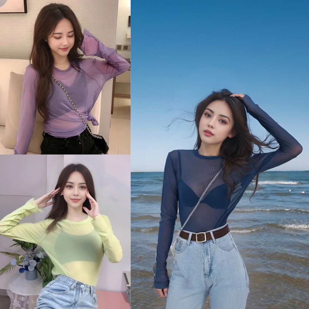 เสื้อแขนยาวคอกลมซีทรูสำหรับผู้หญิง