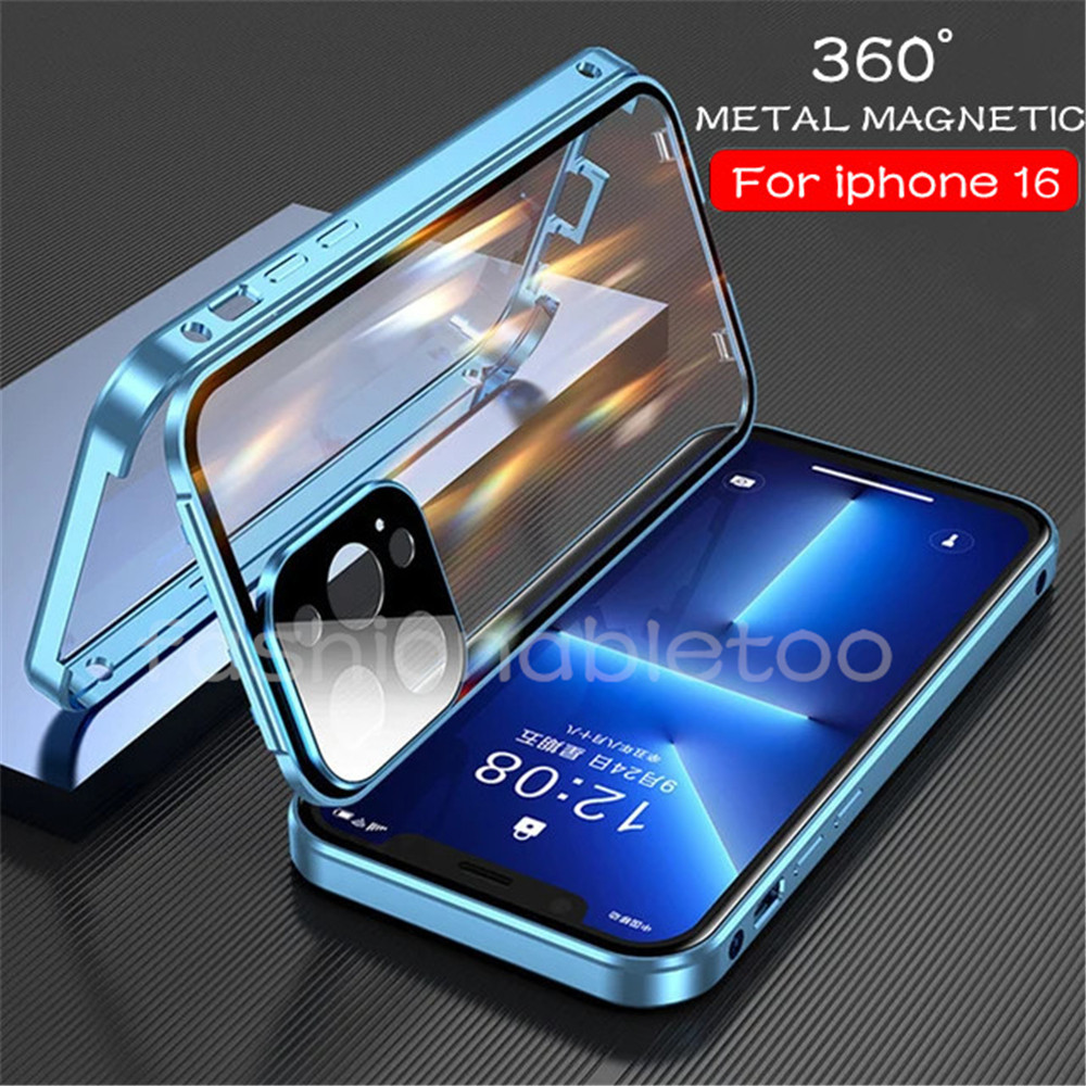 สองด้านกระจกนิรภัยเคสโทรศัพท์สําหรับiphone 14 15 16 pro max 16promax 16plus 15promax 15plus 14promax i16 กรอบโลหะปลอกเลนส์กล้องกันกระแทกฮาร์ดปกหลัง