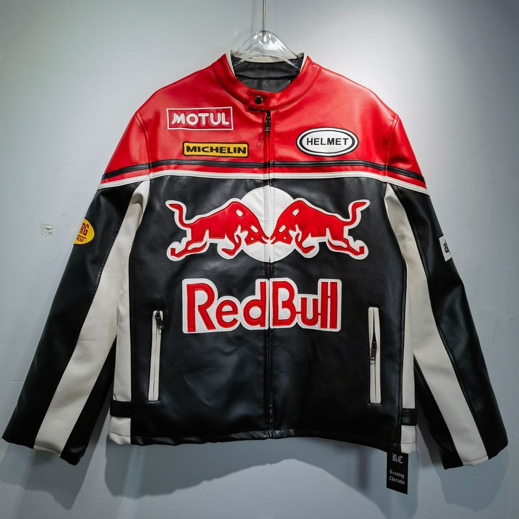 F1 racing suit, RED BULL team custom leather jacket, zipper stand collar, street trend Harajuku styl
