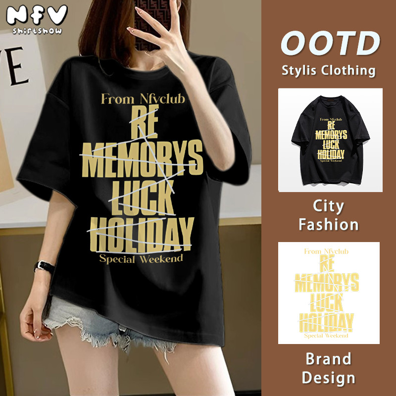 NFV เสื้อยืดผ้าฝ้ายแขนสั้นพิมพ์ลายตัวอักษรมินิมอลสำหรับหน้าร้อน ดีไซน์ไม่ซ้ำใคร สไตล์เกาหลี YG708