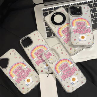 เคสมือถือ For iPhone 11 15 16 14 13 12 Pro Max X XS XR 13 12 Pro 15 16 Plus Case ดอกไม้สีรุ้ง ครีม IMD แบบนิ่ม TPU เคส