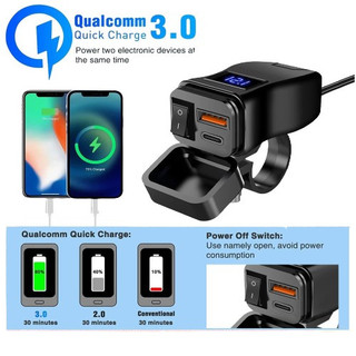 เครื่องชาร์จรถจักรยานยนต์ QC3.0 Dual USB Fast Charger Power Adapter Socket พร้อมสวิตช์กันน้ําโวลต์มิเตอร์แบบดิจิตอล