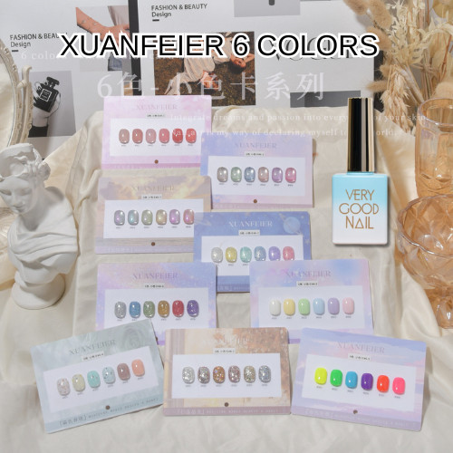เซตสีเจล6สี พร้อมชาร์ต Xuanfeier สีลูกแก้ว แคทอาย กลิตเตอร์