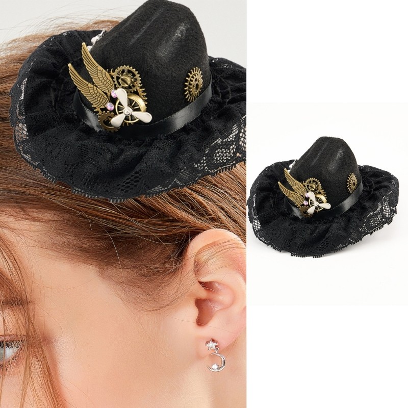 QUU Mechanical Gear Lace Trim Cowgirls หมวก Hairpin Headpiece สําหรับคอสเพลย์สวมใส่ทุกวัน