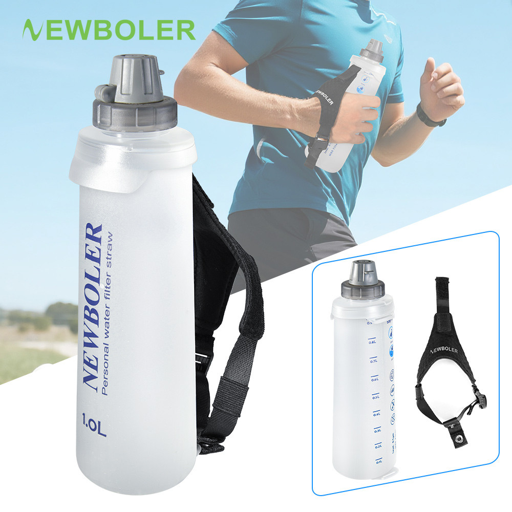 NEWBOLER 1L TPU Running ขวดน้ํามือถือกีฬา Soft Flask สําหรับวิ่งมาราธอน Jogging Walking พร้อมสายรัดข้อมือแบบพกพา