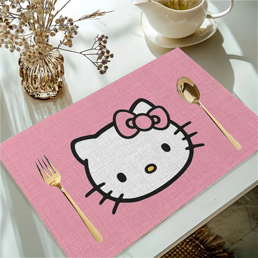 Hello Kitty แผ่นรองจาน เสื่อโต๊ะซักได้ ป้องกันการเปรอะเปื้อน กันลื่น แผ่นรองจานทอทนความร้อน ผ้าลินิน