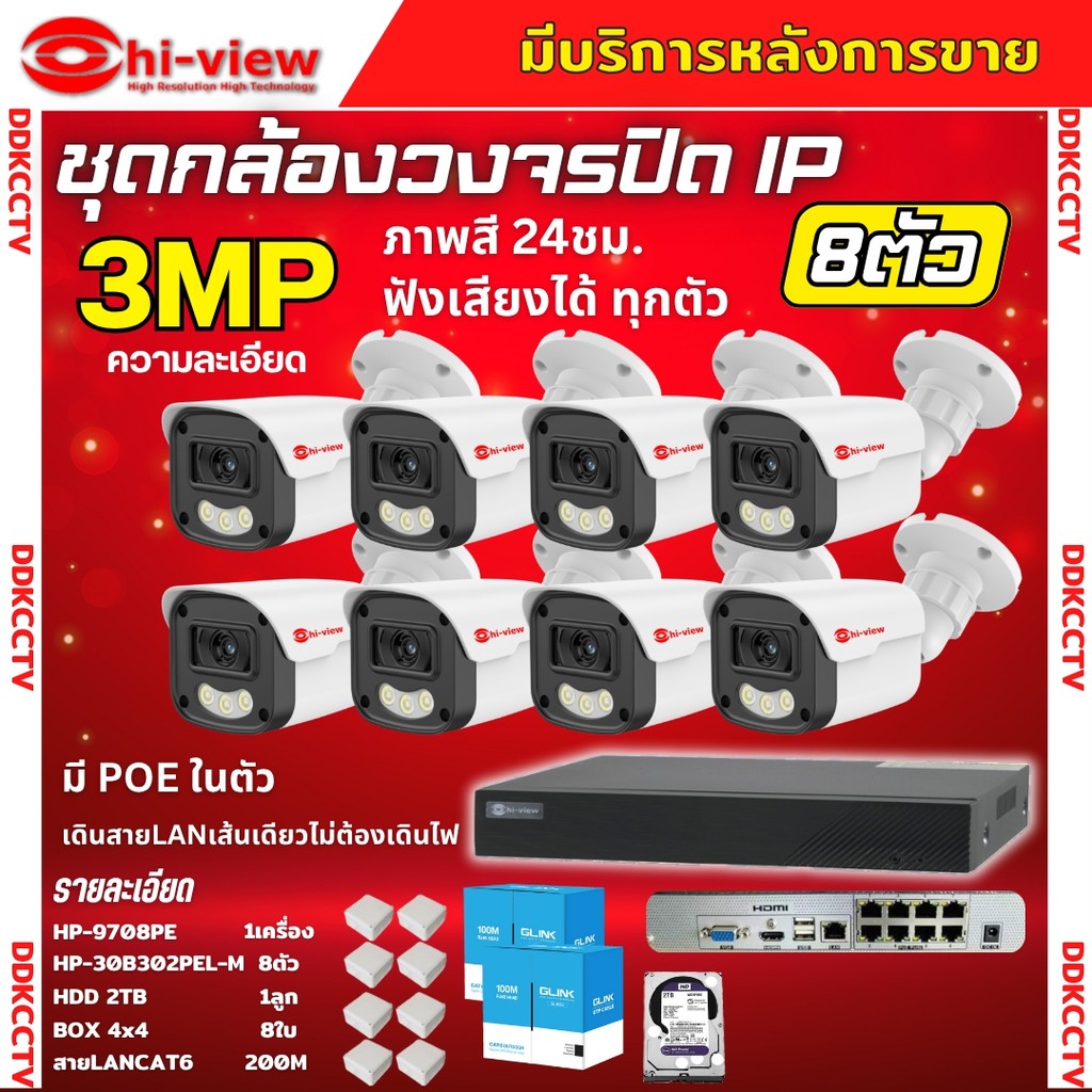 Hiview ชุดกล้องวงจรปิด 3 ล้านพิกเซล 8ตัว IP ระบบPOE สี24ชม.ฟังเสียง ไม่ต้องเดินสายไฟ ติดตั้งง่าย ภาพ
