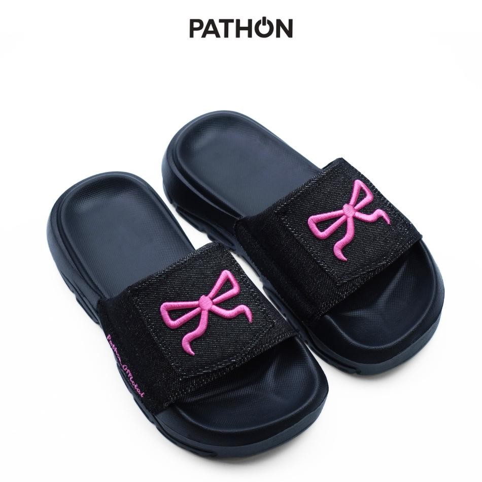 SD199 - เส้นทาง รองเท้าแตะสําหรับผู้ชายและผู้หญิงที่มีสายรัดผ้ายีนส์ปักโบว์และพื้น ไอพี สูง 4 ซม. หล