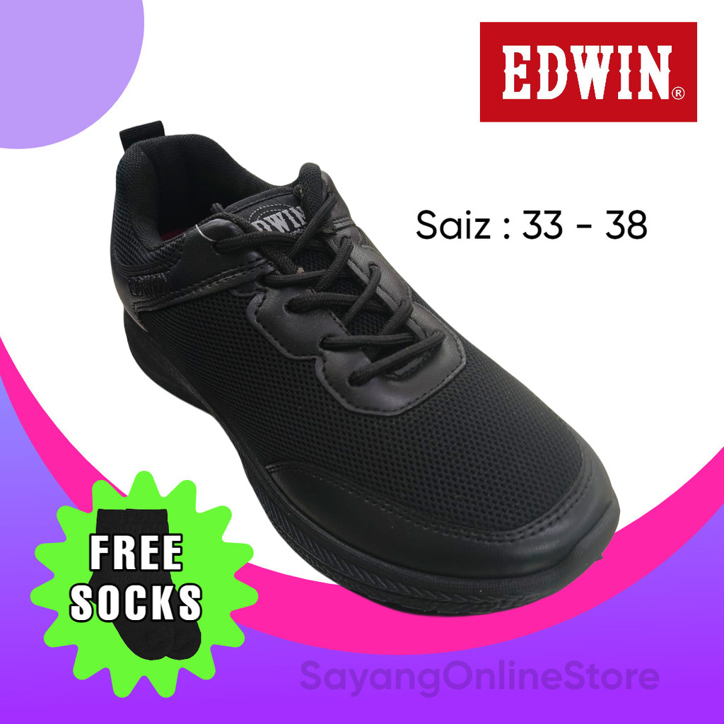 Edwin 3014 BK Kasut Sekolah Hitam bertali Black School Shoes รองเท้าผูกเชือก EDWIN